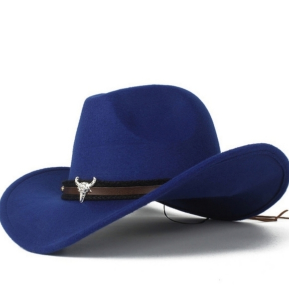 None Other - Cobalt Blue Western Cowboy Outback Country Hat Steer Head Accent Banding Boho